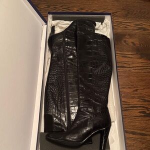 Stuart Weitzman Black Croc-Patterned Heeled Boots
